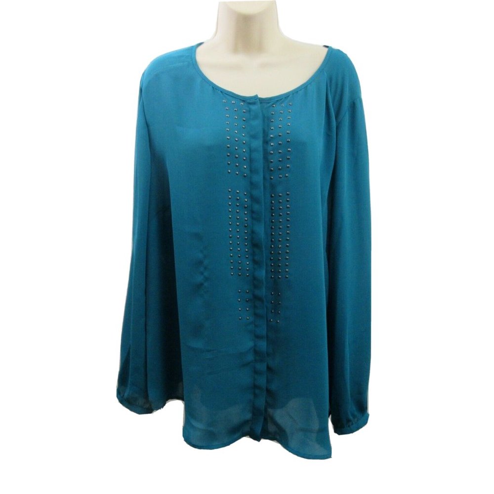 Simply Emma Tunic Top Plus Size 3X Teal Flowy Chiffon Studded Blouse Shirt BOHO